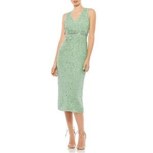 Mac Duggal Women's Green Sequined Sleeveless V-Neck Midi Sheath Dress Size 8